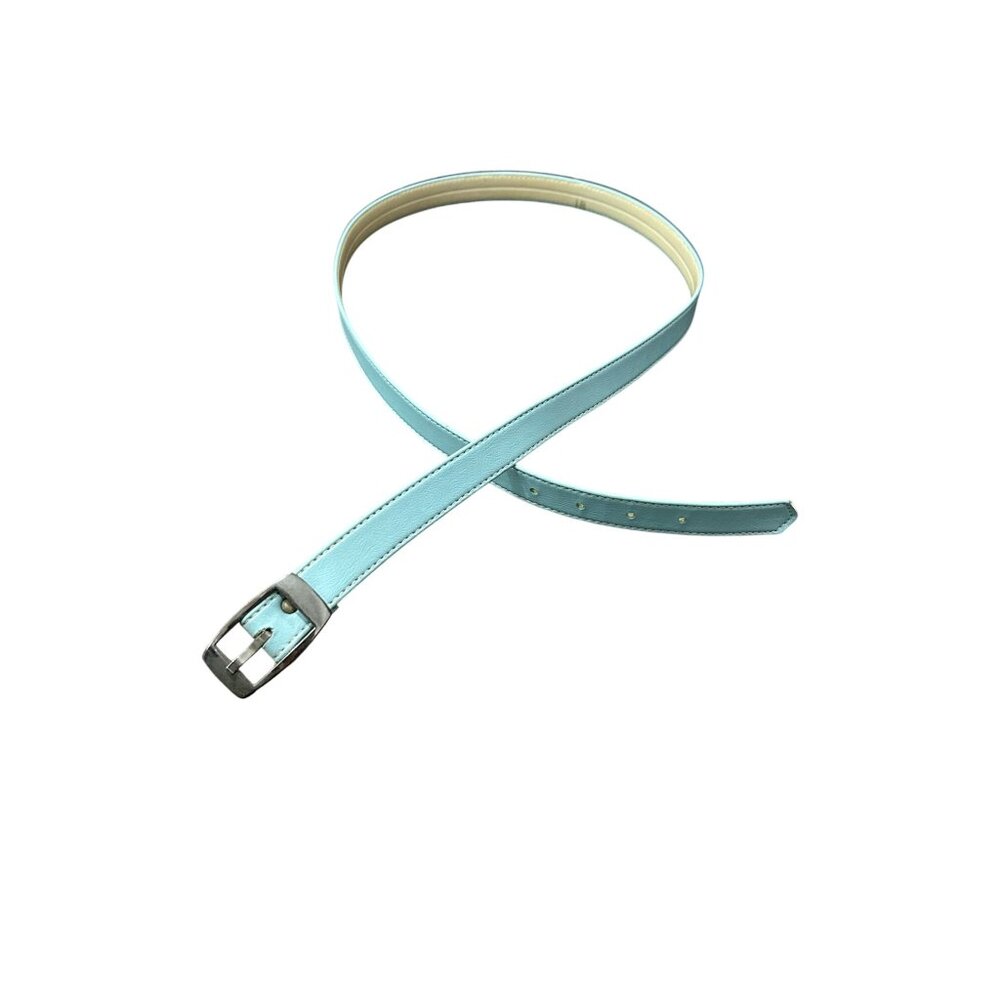Light Blue Leather Belt Size 18 Adjustable Silver Single Prong Metal Buckle